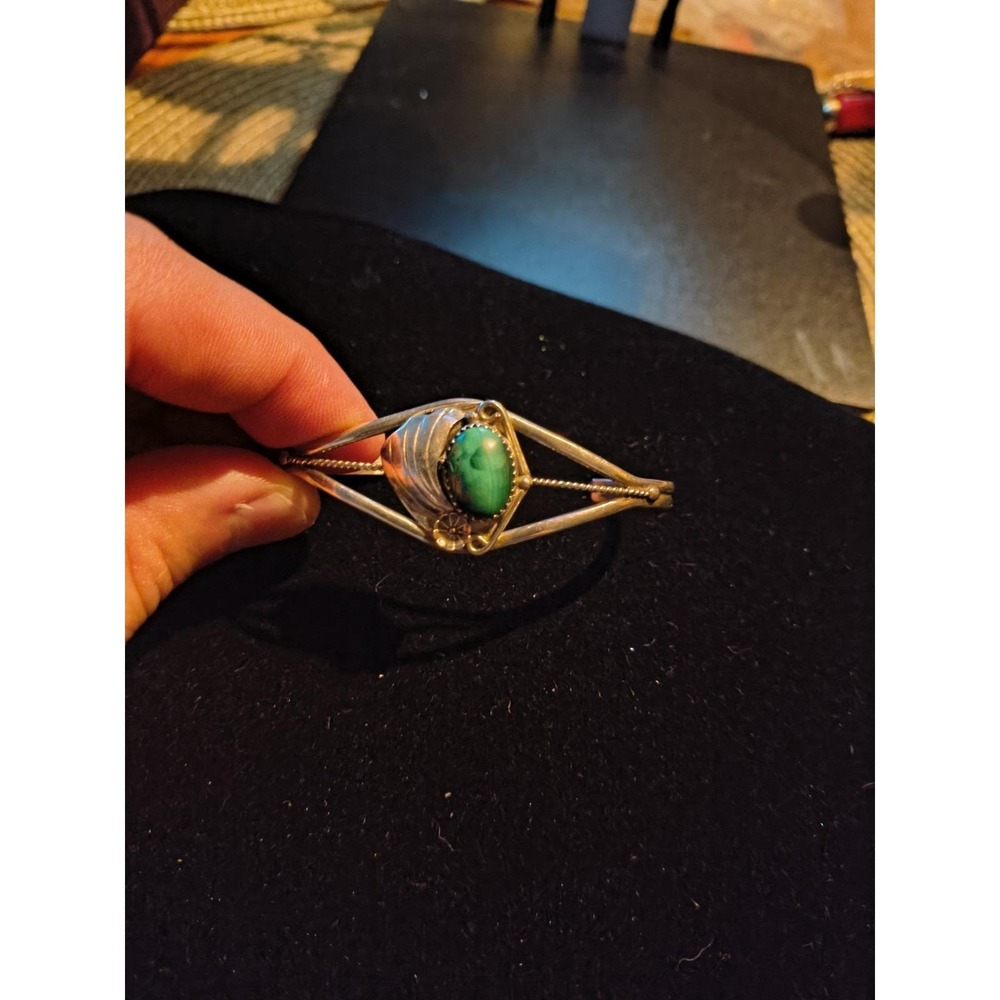 Sterling Silver And Malachite Cuff Bracelet Size 5 3/4